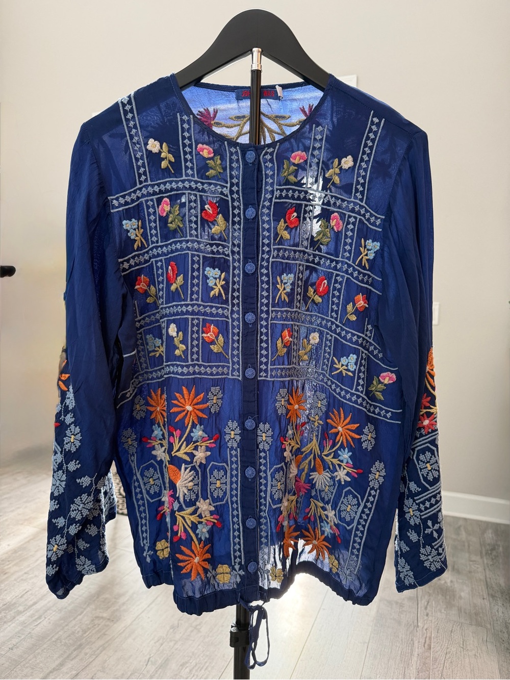 Johnny Was Wyatt Boho Blue Embroidered Floral Button-Front Drawstring Adjustable